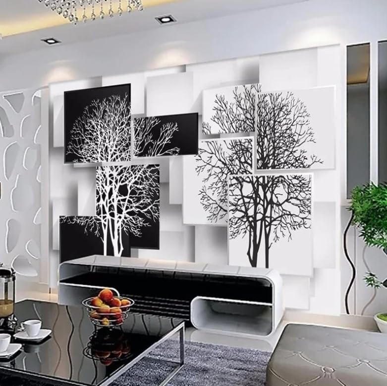 Papier peint salon grand arbre noir et blanc pour fond de télévision 3D