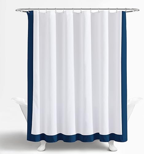 Miniatura 8 de Lush Decor Cortina de ducha con borde de bloque, 72 x 72 pulgadas, blanco y azul marino