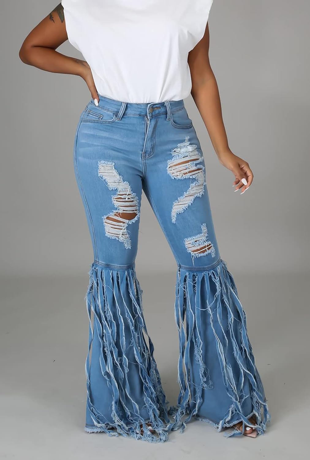 BestGirl Women's Bell Bottom Jeans Destoryed Ripped Flare Jeans Elastic Waist Raw Hem Denim Pants - Image 4