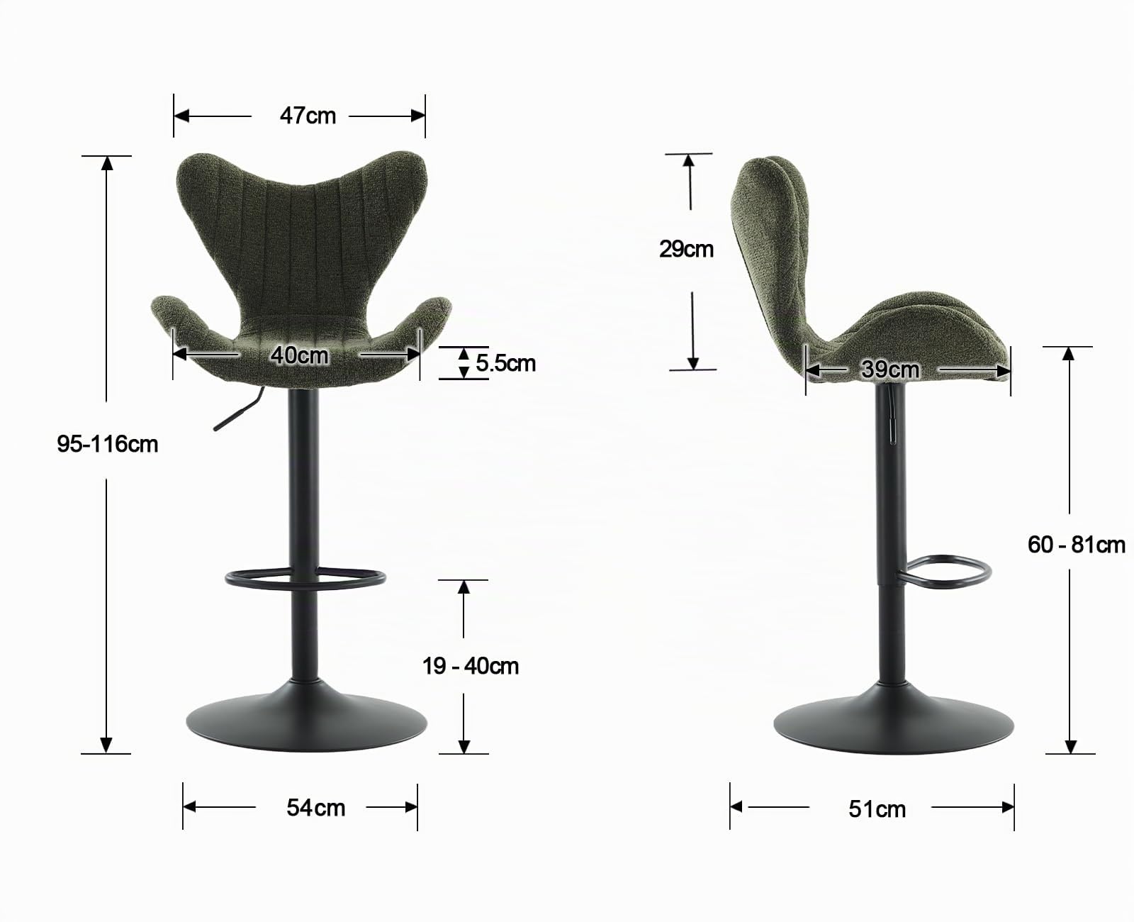 Ya-Home Tabouret de Bar Moderne avec Repose-Pied en Métal, Chaise Haute Bar Lot de 2 Chaise Bar en Chenille Tabouret pour Bar, Vert