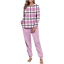 Winter Fleece Pajamas Set for Women Plaid Long Sleeve Night Shirts with Sleep Pants Comfortable Warm Pjs Sleepwear
