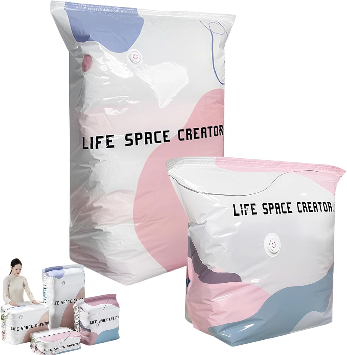 No‑Pump Vacuum Storage Bags Press & Seal No Pump Needed Thickened Non Suction Vertical Compression Bag Space Saver Dust-proof Vacuum Seal Bag for Comforters Blankets Clothes (2PCS,M+L)