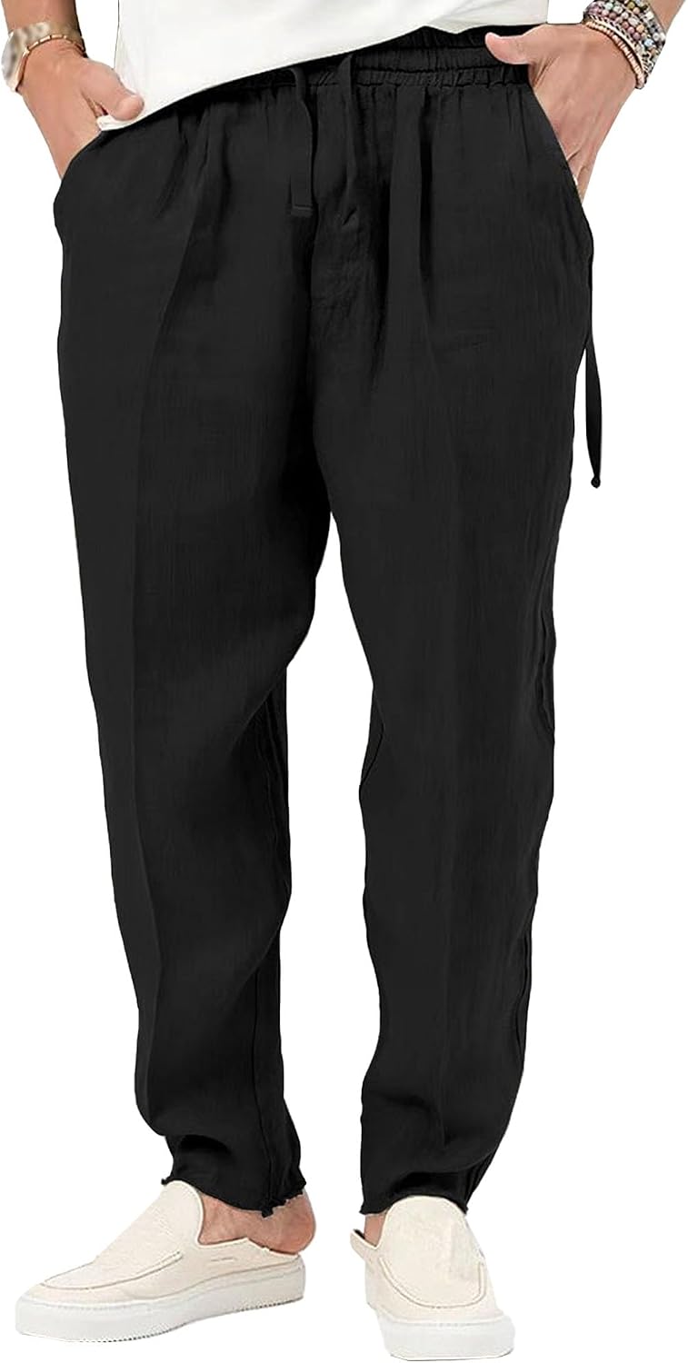 Men's Cotton Linen Drawstring Casual Pants Baggy Solid Elastic Waist Jogging Pants Comfort Breathable Beach Trousers