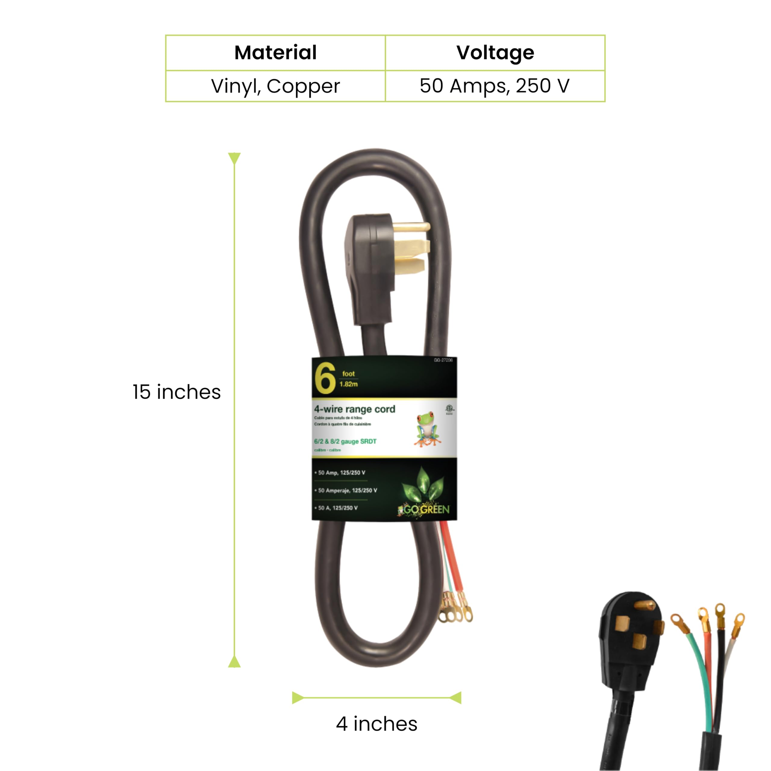 GoGreen Power GG-27206 6' 4' Wire Range Cord, 50 Amp by Go Green Power