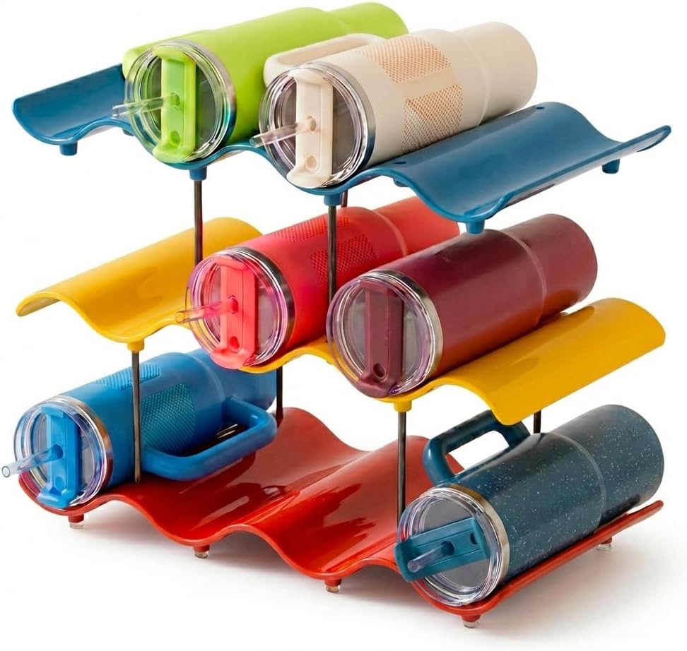 Stackable Water Bottle Storage Organizer, Clear Freestanding Wine Bottle Holder for Cabinet, Tumbler Cup Organizer, Plastic Large Compartment Wine Rack for Fridge Cellar(Colorful-3)