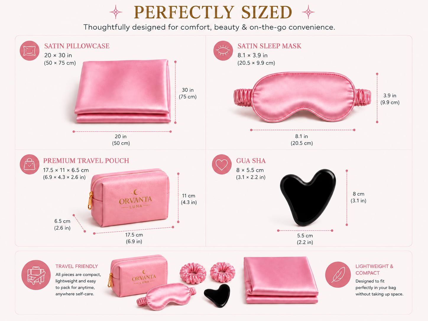 Luna Luxury Self Care Gift Set for Women – Satin Sleep Mask, Satin Pillowcase, Gua Sha, Satin Scrunchies & Travel Pouch (Blush Pink)
