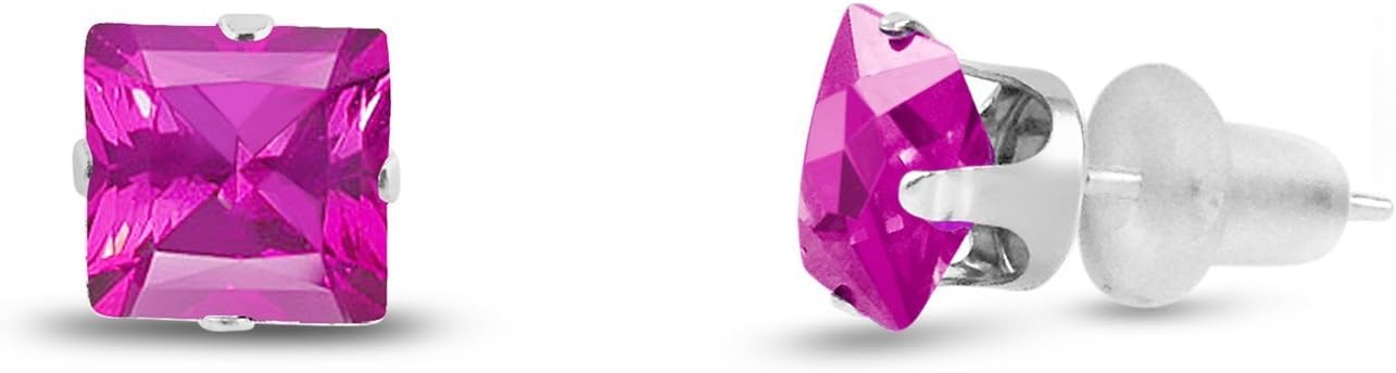 Lab Created 6x6mm Square Princess Cut Pink Sapphire Solid 10K White Gold 4-Prong Set Stud Earrings