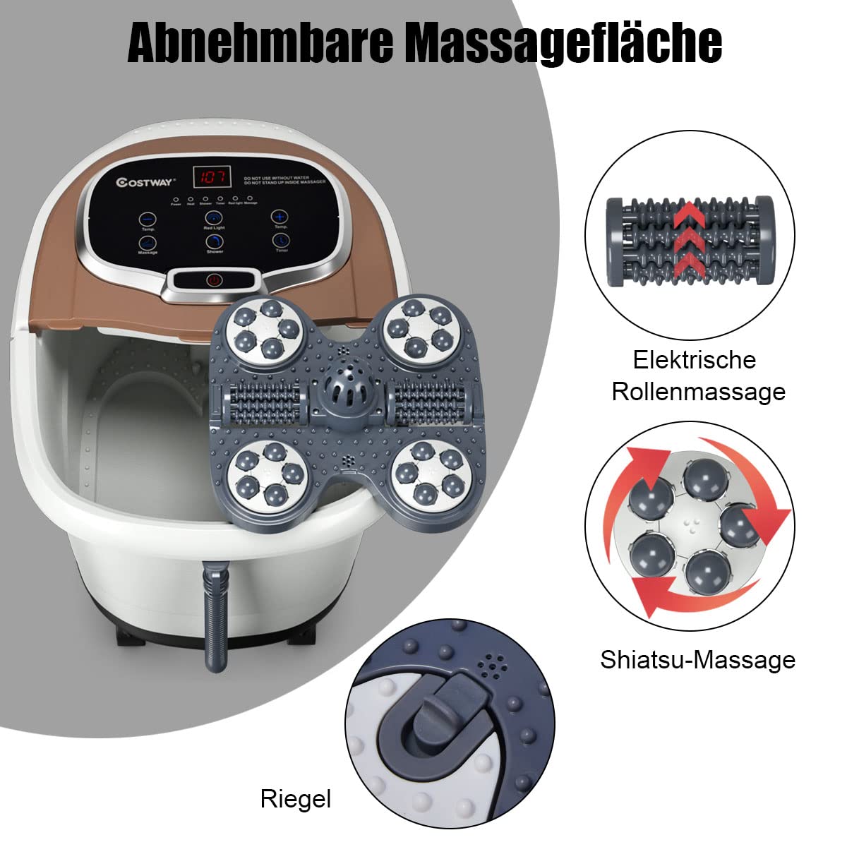 COSTWAY Fußbad mit Massagefunktion & Duschfunktion, 500W Elektrische Fußbadewanne mit Heizung, Max. 48°C, 10-60 Min Timer, Shiatsu- & Rollenmassage, Fußbad Massagegerät auf Rollen (Braun)