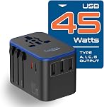 Ceptics Universal Travel Adapter, 45W International Power Adapter with PD & QC 3.0 Dual USB-C, 3 USB Travel Adapter Worldwide, Type I C G A Outlets 110V 220V A/C - EU Euro US UK (11-KU)