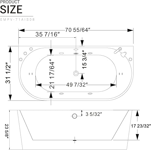 Miniatura 7 de Empava Bañera de hidromasaje independiente de 71 pulgadas ovalada con 8 chorros de agua ajustables de hidromasaje, masaje acrílico de lujo, bañera