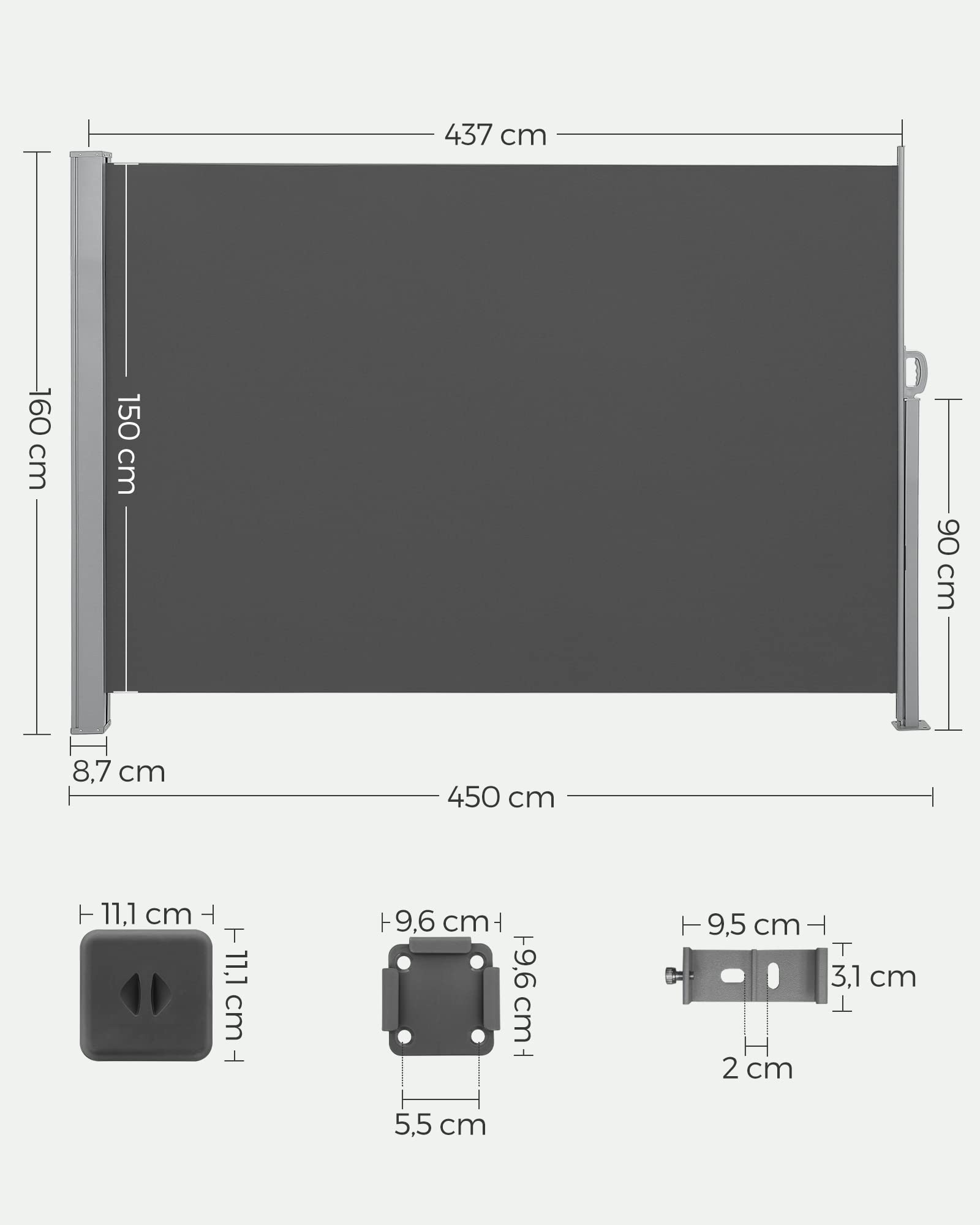 SONGMICS Store latéral avec Coffre en Acier résistant à la Rouille Extensible 160 x 450 cm, Brise-Vue, Protection Solaire, occultant, pour Balcon, terrasse, Jardin, Anthracite GSA569G01