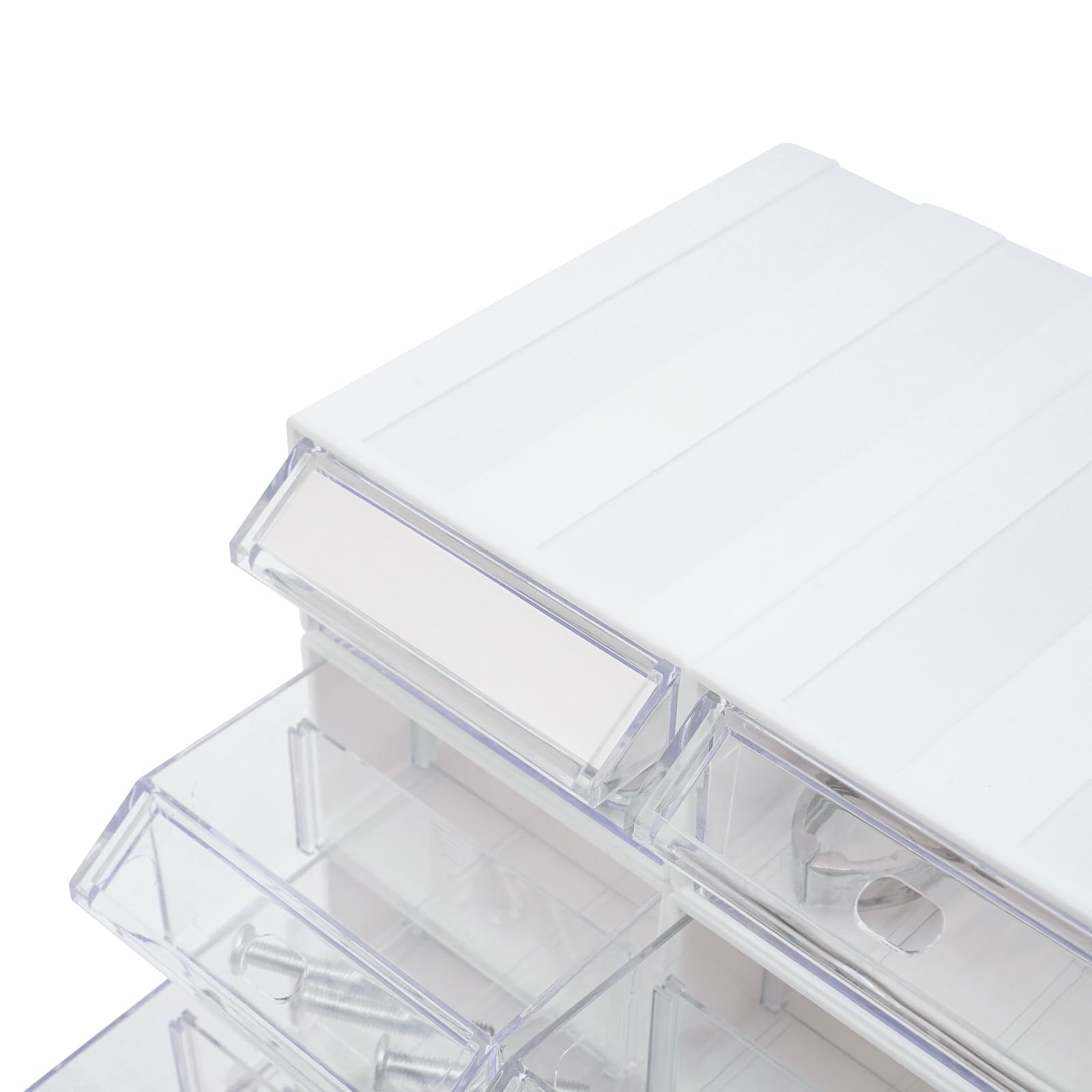 Scatola per bricolage con 12 cassetti, impilabile, trasparente e bianco, mini rimovibile, con graziosi design per cancelleria e accessori