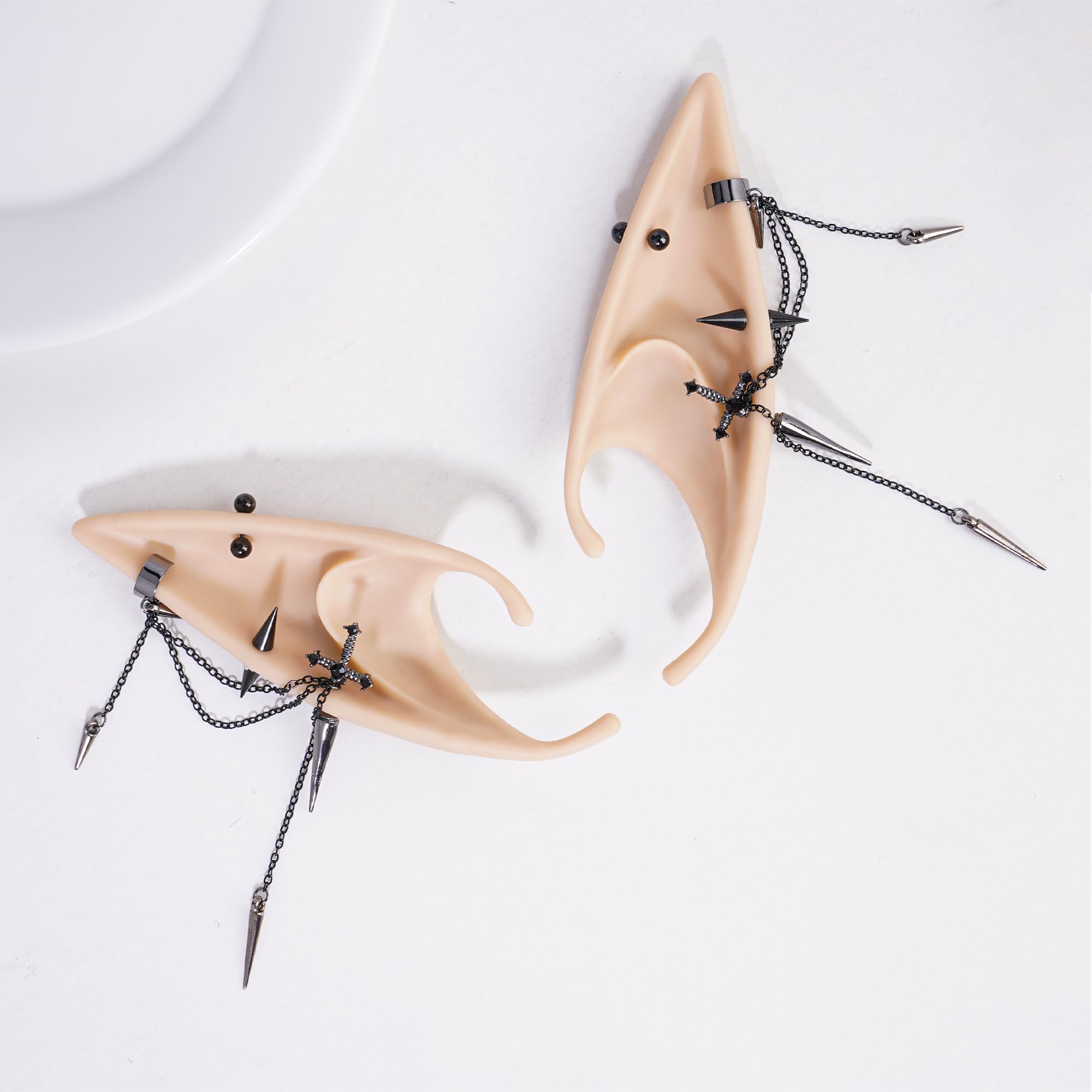 FRESHME 2 Pairs of Fairy Elf Ears with Sliver Piercings - Gothic Elf Ear Cuffs Skull Rose Cross Studs Sterling Earrings