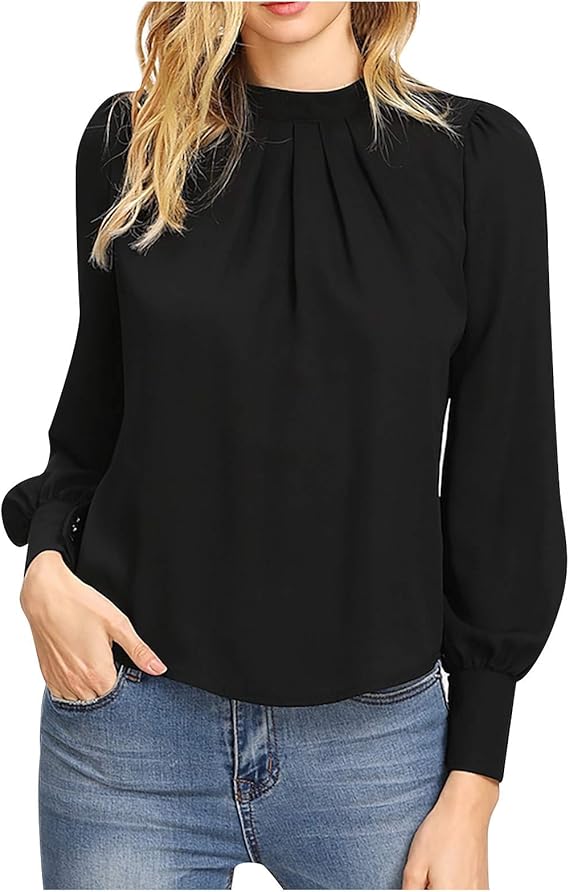 Women's E690 High Neck Pleated Chest Long Sleeve Blouse : Amazon.ca:  Clothing, Shoes u0026 Accessories