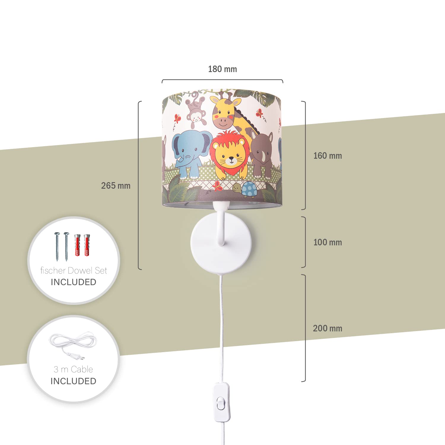 Paco Home Kinderzimmer Wandlampe Stoffschirm Wandleuchte Rund Dschungel Tiere Junge Mädchen E27 Zoo Mit Stecker Und Kabel
