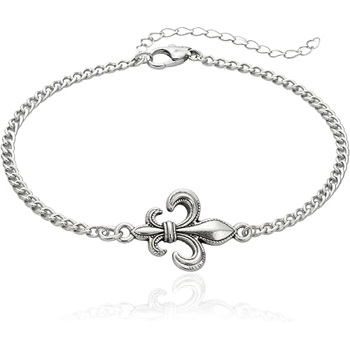 EnCharmed Stainless Steel Fleur De Lis Charm Bracelet, Handmade Adjustable French Monarch Jewelry