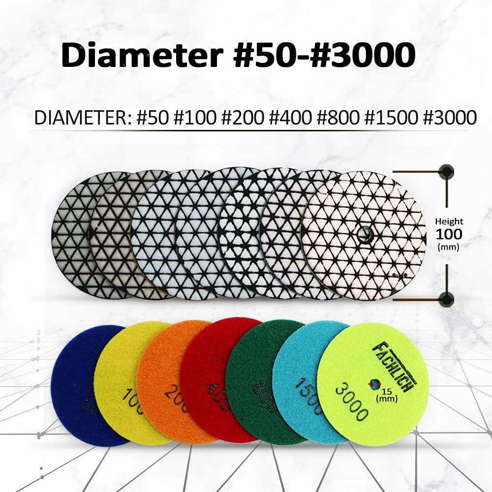 Dry Diamond Polishing Pads,100mm/4 Inch 8pcs Grit 100 for Granite,Marble,Quartz Stone Countertop,Sanding Grinder or Polisher Pads