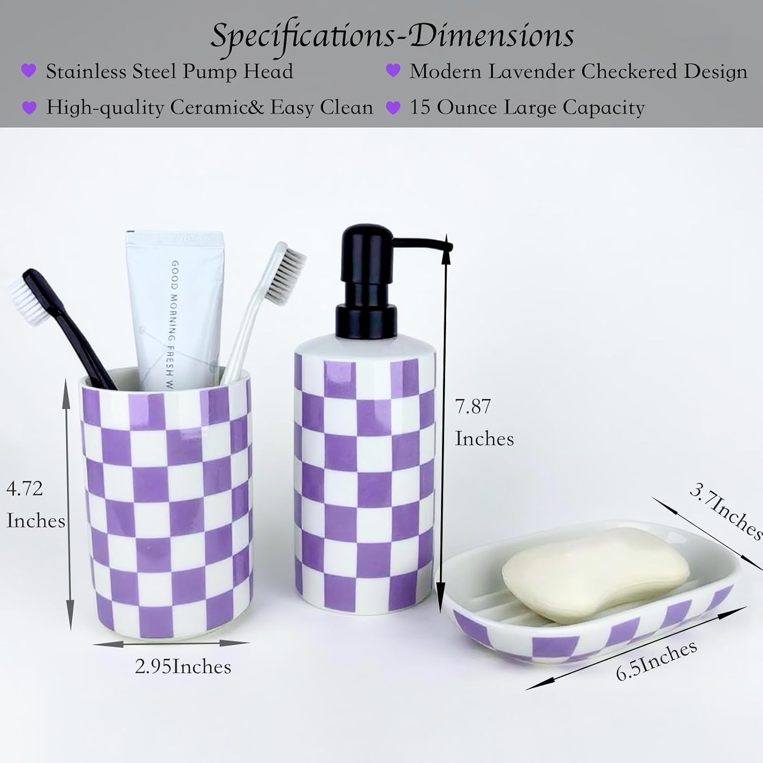 Bathroom Toothbrush Holder Set, Ceramic Soap Dispenser and Tooth Brush Holder& Soap Dish Set 3Pcs, Bathroom Accessories Sets Countertop, Purple Lavender Checkered Bathroom Decor