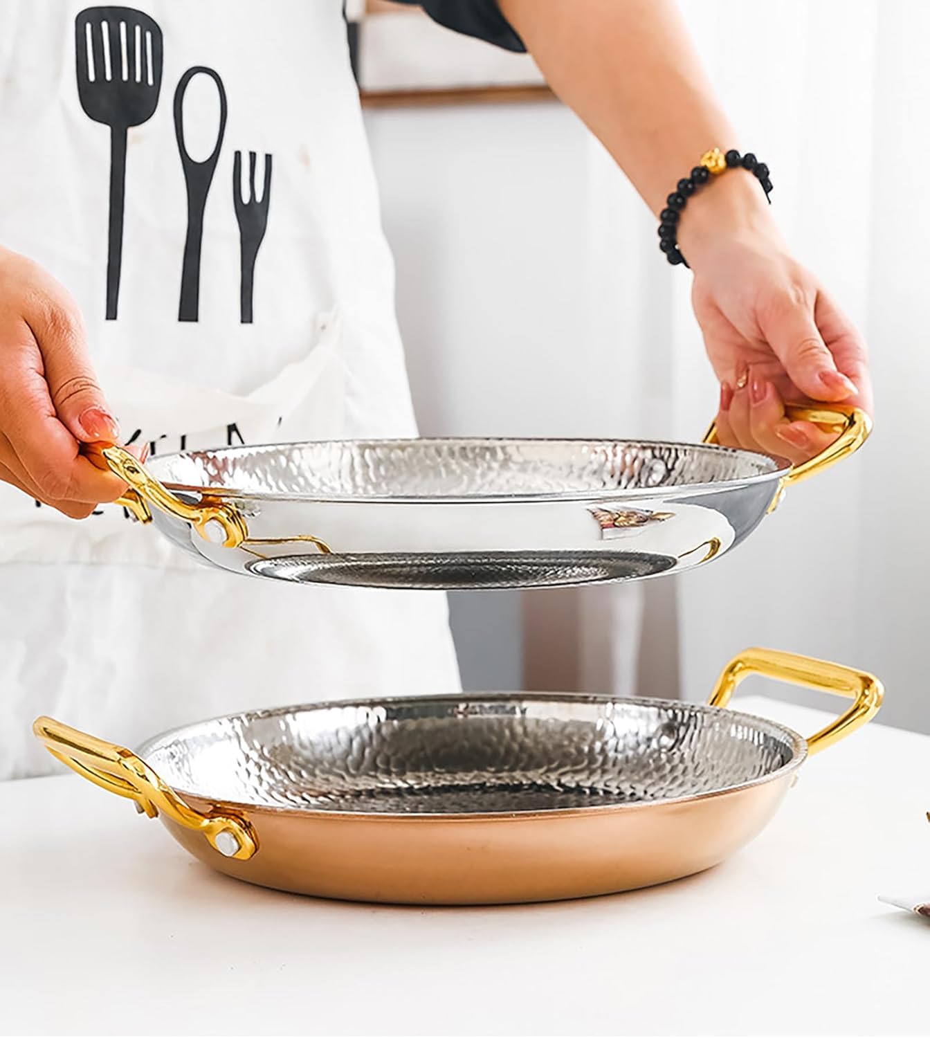 Paellera Española De Doble Asa, Paellera De Hierro Fundido Antiadherente, Sartén De Acero Inoxidable 304 Grueso Antiescaldaduras para Paella, Plato para Aperitivos. Silver 30CM