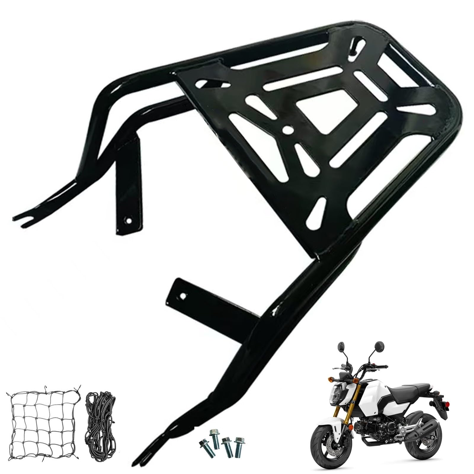 Porte-bagages arrière de moto compatible avec Honda Monkey 125 Stona Ape 125 Cross Porte-bagages arrière Porte-bagages en acier Porte-bagages Accessoires avec filet
