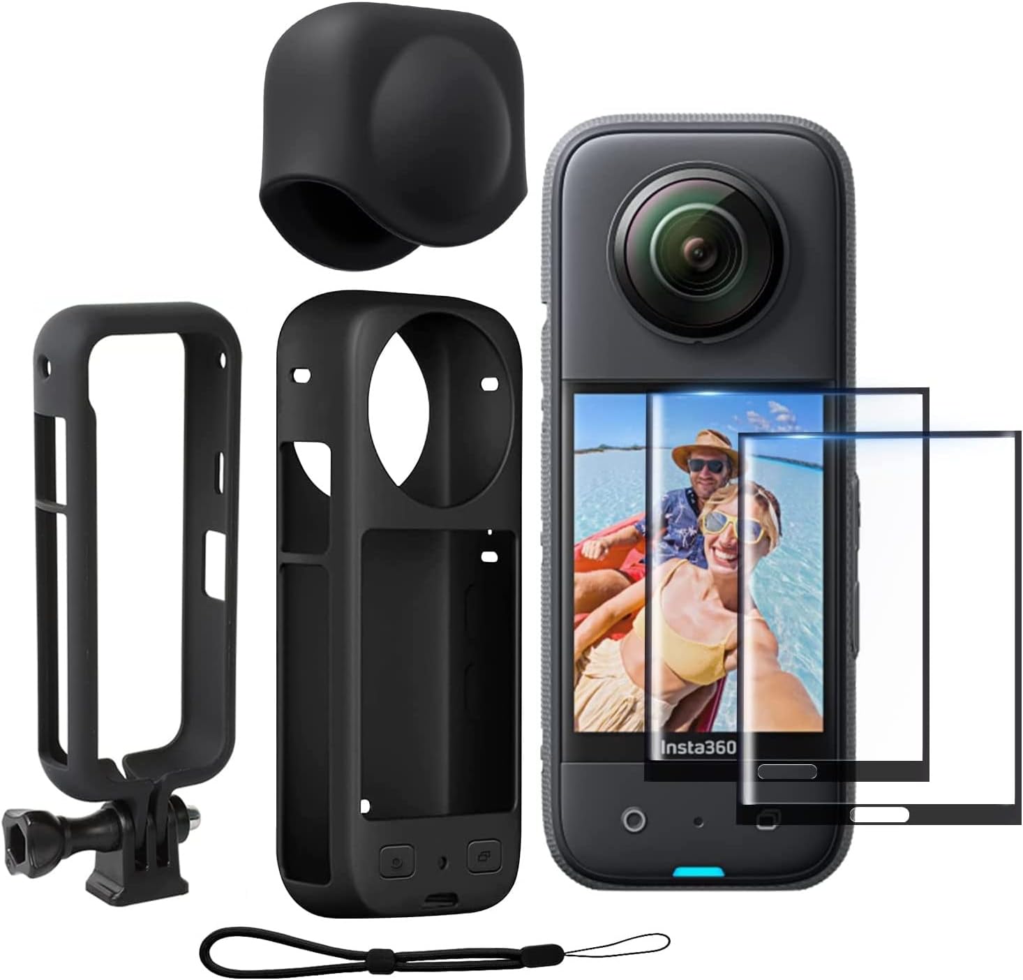ADOFYSAction Camera Accessories Kit for Insta360 ONE X3 - Protective Camera Housing Frame with 1/4" Thread Adapter, Silicone Protective Case, Lens Cap, 2 pcs Screen Tempered Film Protector