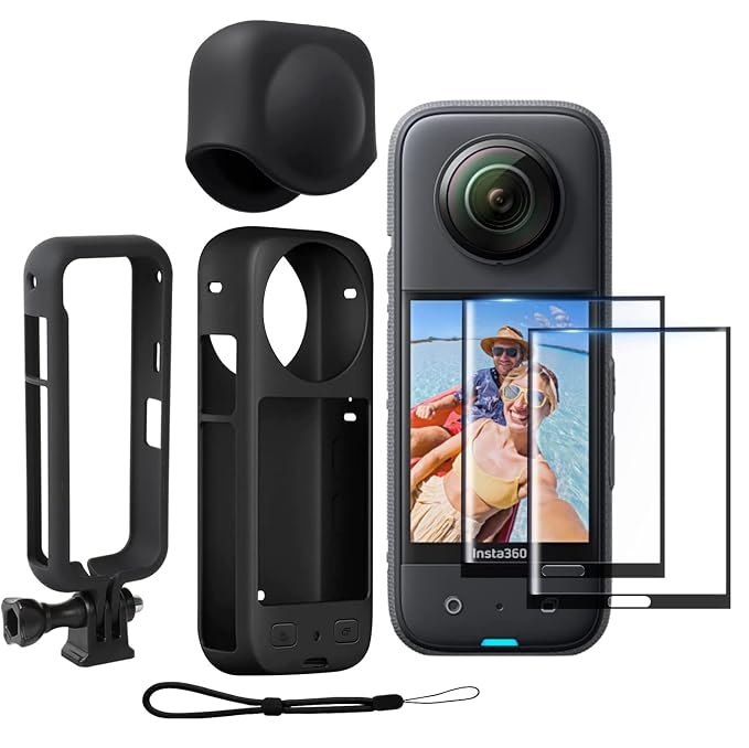 ADOFYS Action Camera Accessories Kit for Insta360 ONE X3 - Protective Camera Housing Frame with 1/4" Thread Adapter, Silicone Protective Case, Lens Cap, 2 pcs Screen Tempered Film Protector
