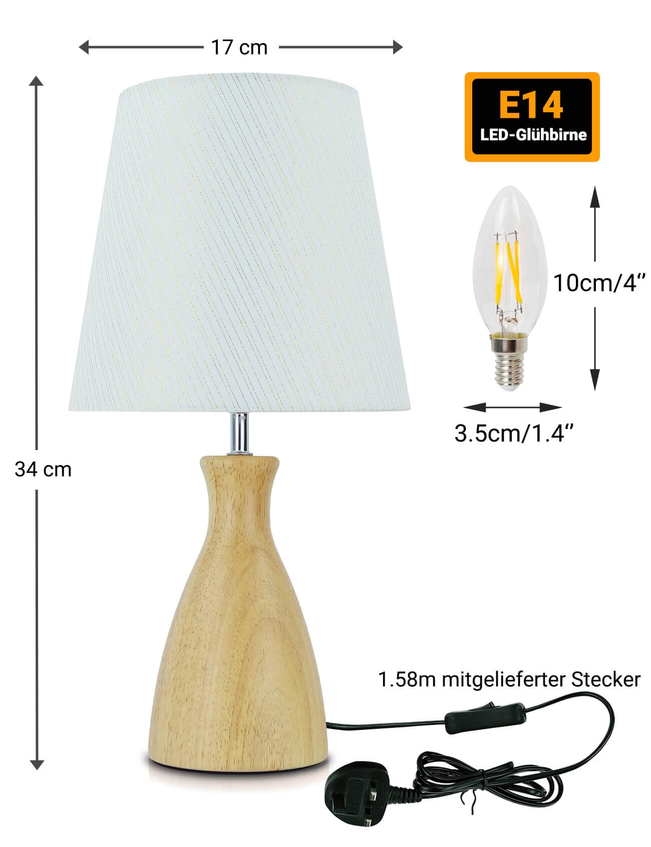 HSLighting Lampka nocna z drewna, lampa stołowa z kablem, regulowany włącznik/wyłącznik, złote nitki, abażur materiałowy, minimalistyczna lampa stołowa na stolik nocny do sypialni, salonu, prezent