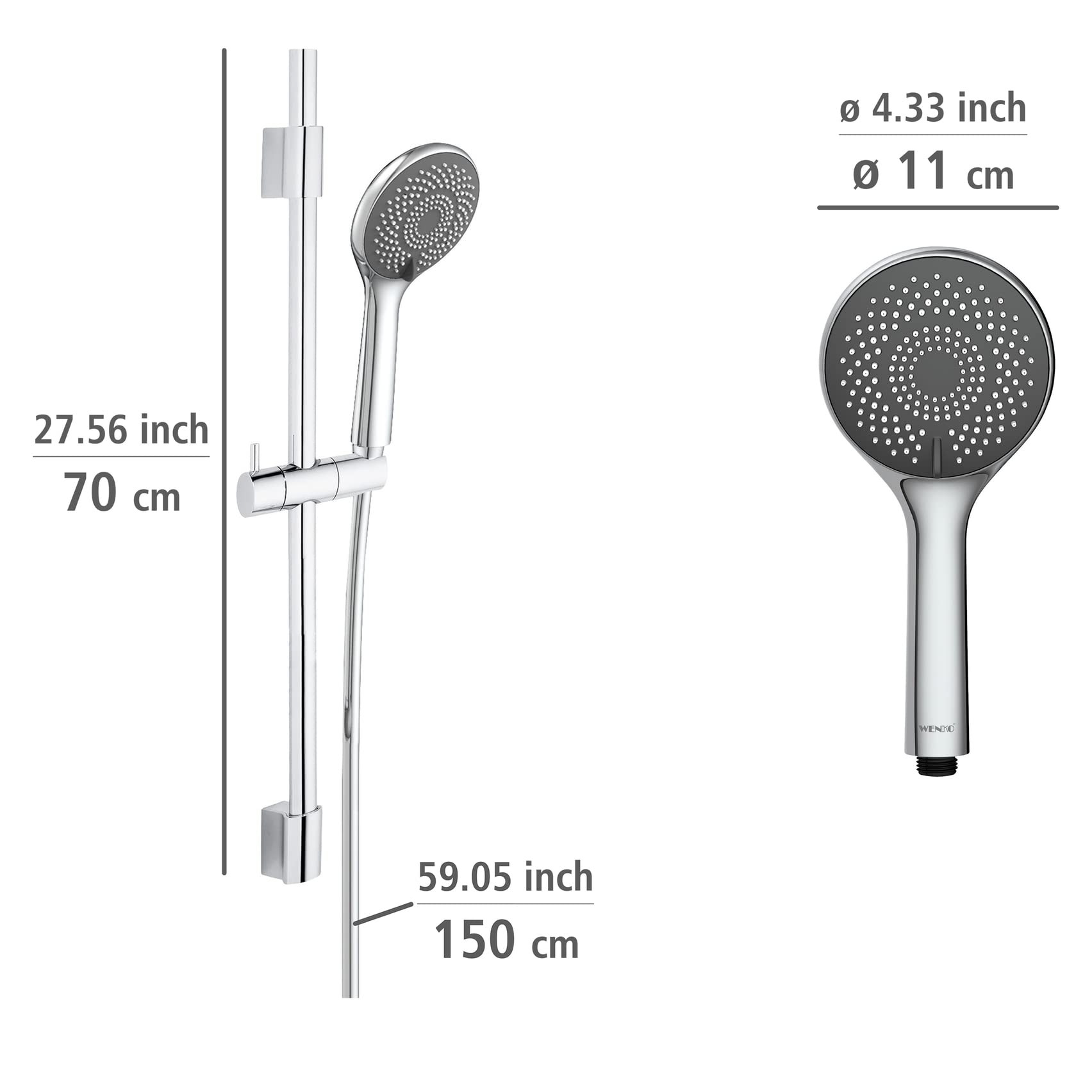 WENKO Set de ducha Watersaving, barra de ducha de acero inoxidable, cabezal con 3 tipos de chorro y flexo de ducha, apto para calentadores de agua, conexión universal de ½", 70 cm, cromado