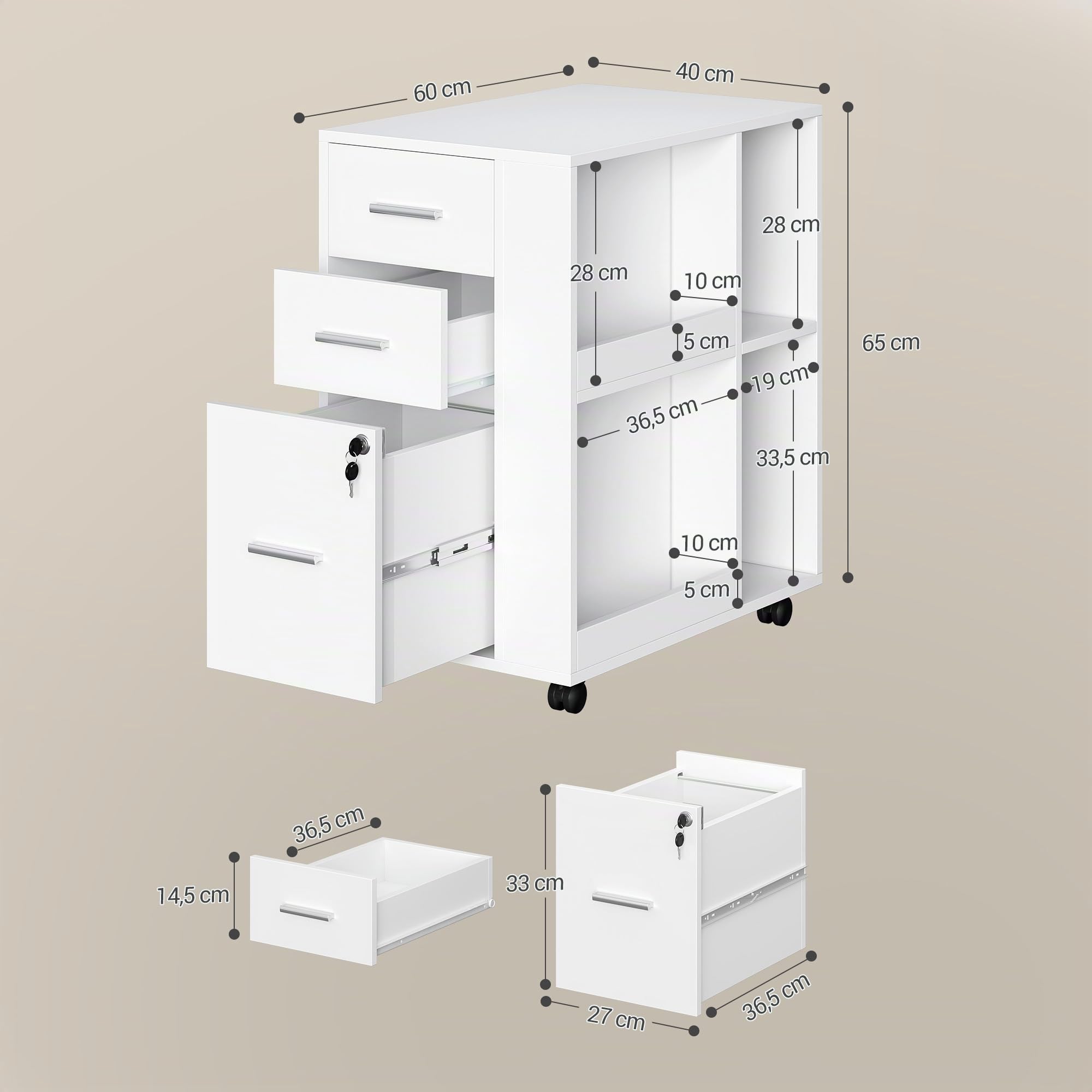 Hzuaneri Caisson Bureau 60 x 40 x 70cm 3 tiroirs Porte-revues Blanc