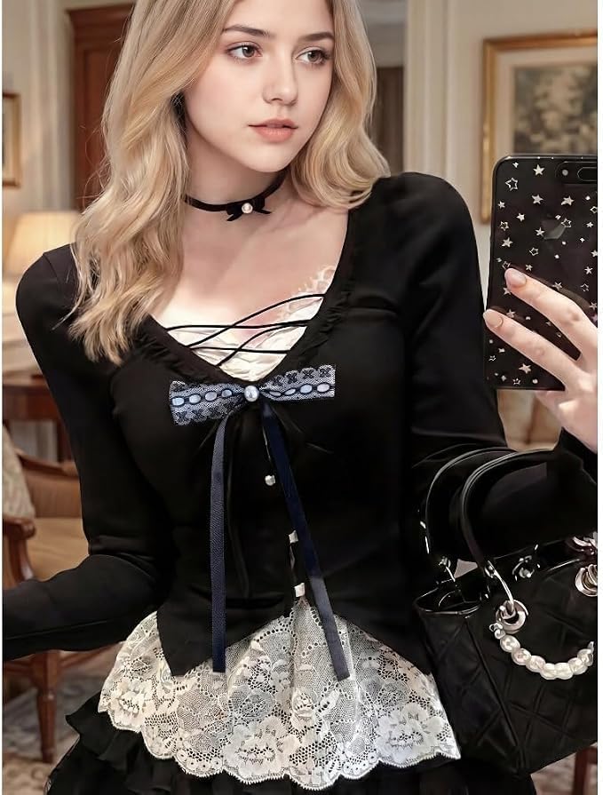 Y2K Black Lace Skirt Set Fake Two-Piece image 3
