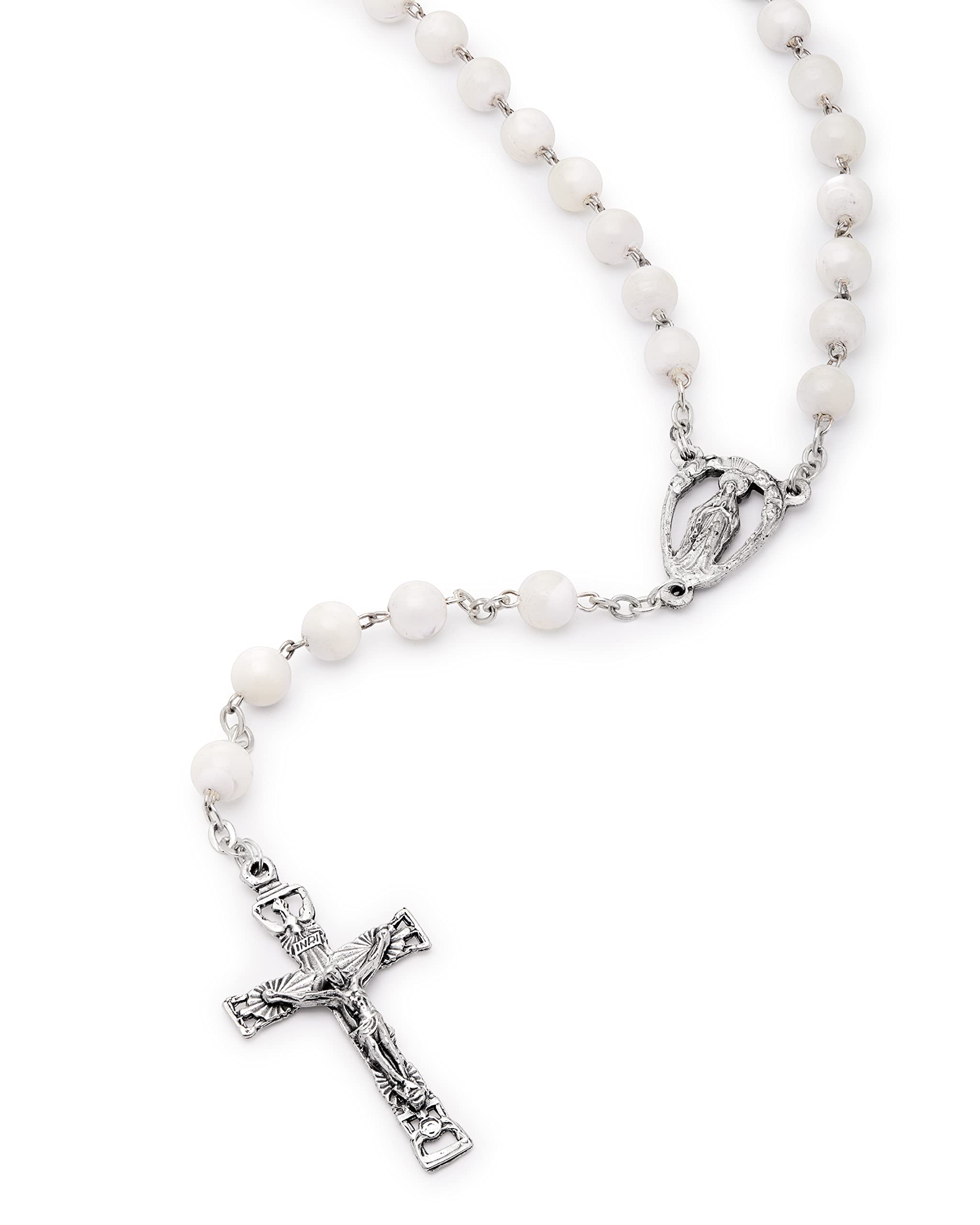 Mondo Cattolico - Rosario católico Tradicional de Cuentas de Madreperla con Medalla Central con el Sagrado Corazón de Jesús y Crucifijo del Espíritu Santo.