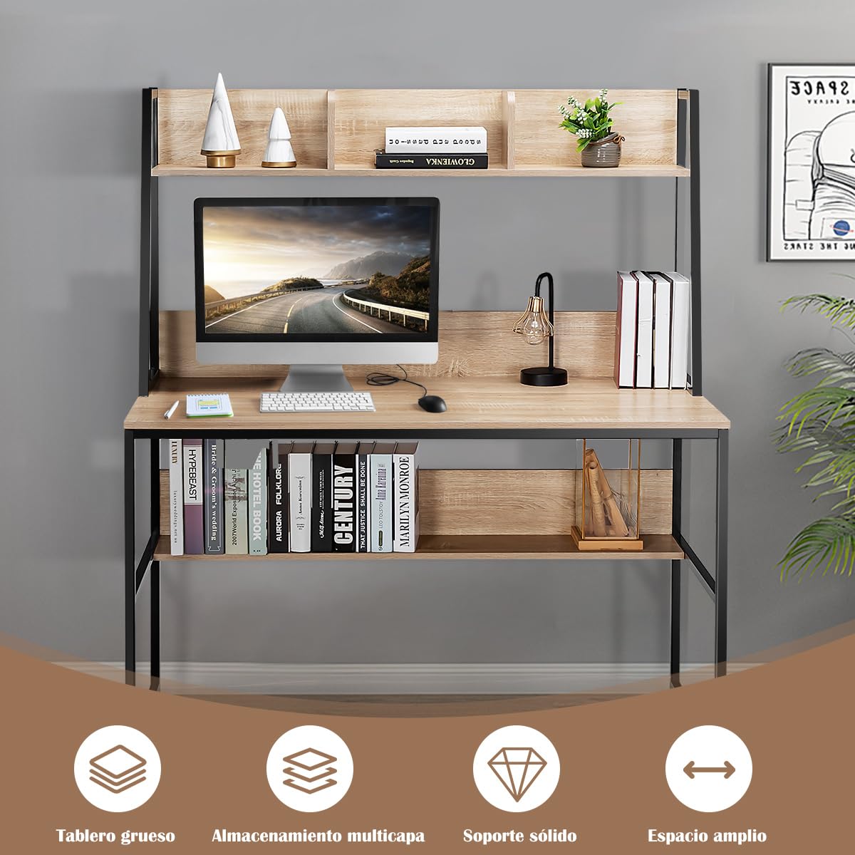 COSTWAY Escritorio para Computadora con Aparador y Estantería, Mesa de Estudio con 3 Cubos de Almacenamiento y Librería Abierta, Mesa Ordenador Que Ahorra Espacio (Natural)
