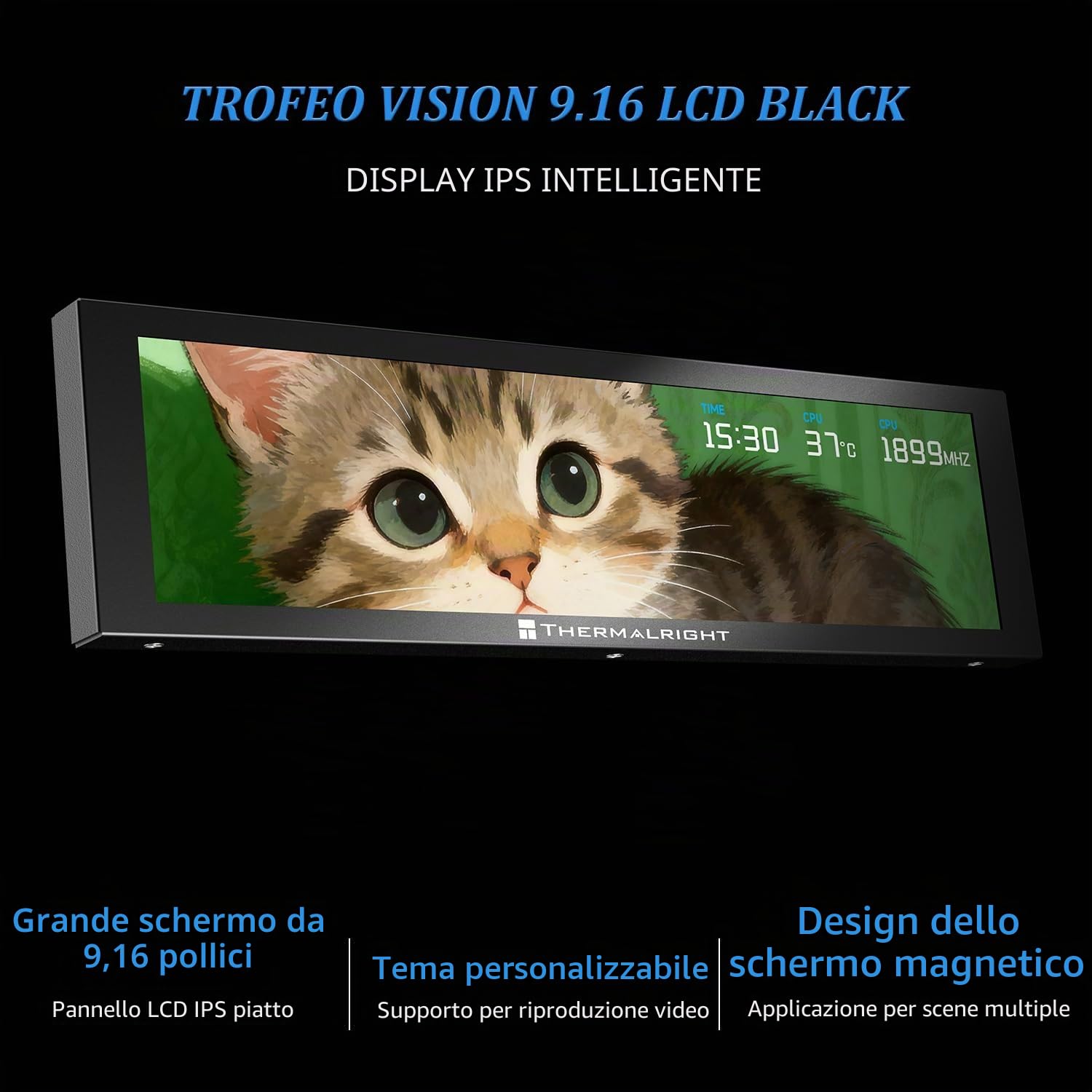 Thermalright-TR Trofeo Vision 9.16 LCD Black,Schermo magnetico LCD da 9,16",risoluzione 1920x480,temperatura CPU/GPU master(nero)