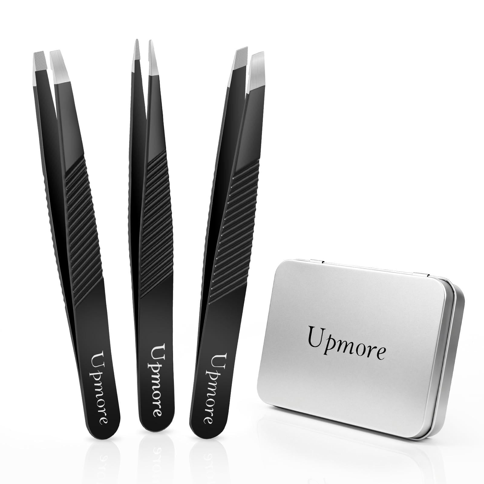 Upmore Profi Pinzetten-Set 3-tlg. mit ComfortGrip – Maximaler Halt & höchste Präzision für Augenbrauen, Wimpern & eingewachsene Haare – inkl. Aufbewahrungsbox