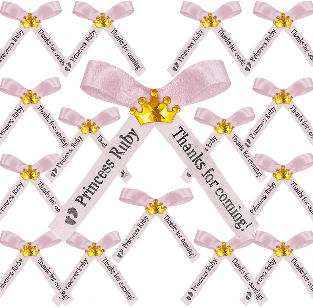 Amy's Bubbling Boutique 25 Personalized Baby Shower Bows Ribbons for Party Favors or Baptism Bautizo Sprinkle Assembled Bows - Custom Made Ribbon with Center Embellishment Cross Crown Angel Rose