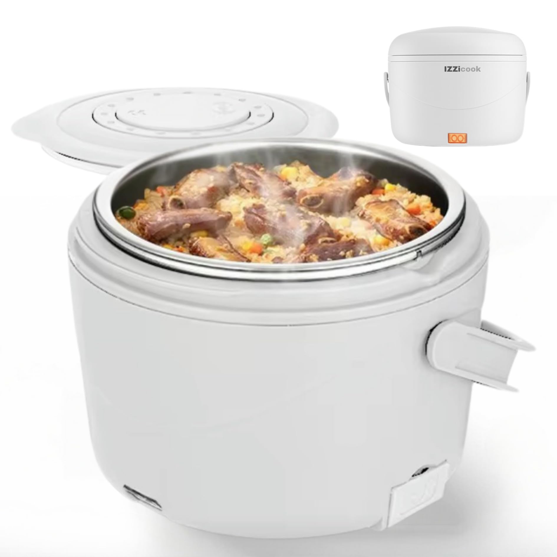 IZZi cook - Fiambrera calentadora para adultos, calentador eléctrico de 1.2 L y calentador de alimentos, solución de comida portátil para oficina, viajes y escuela con tapa a prueba de fugas y