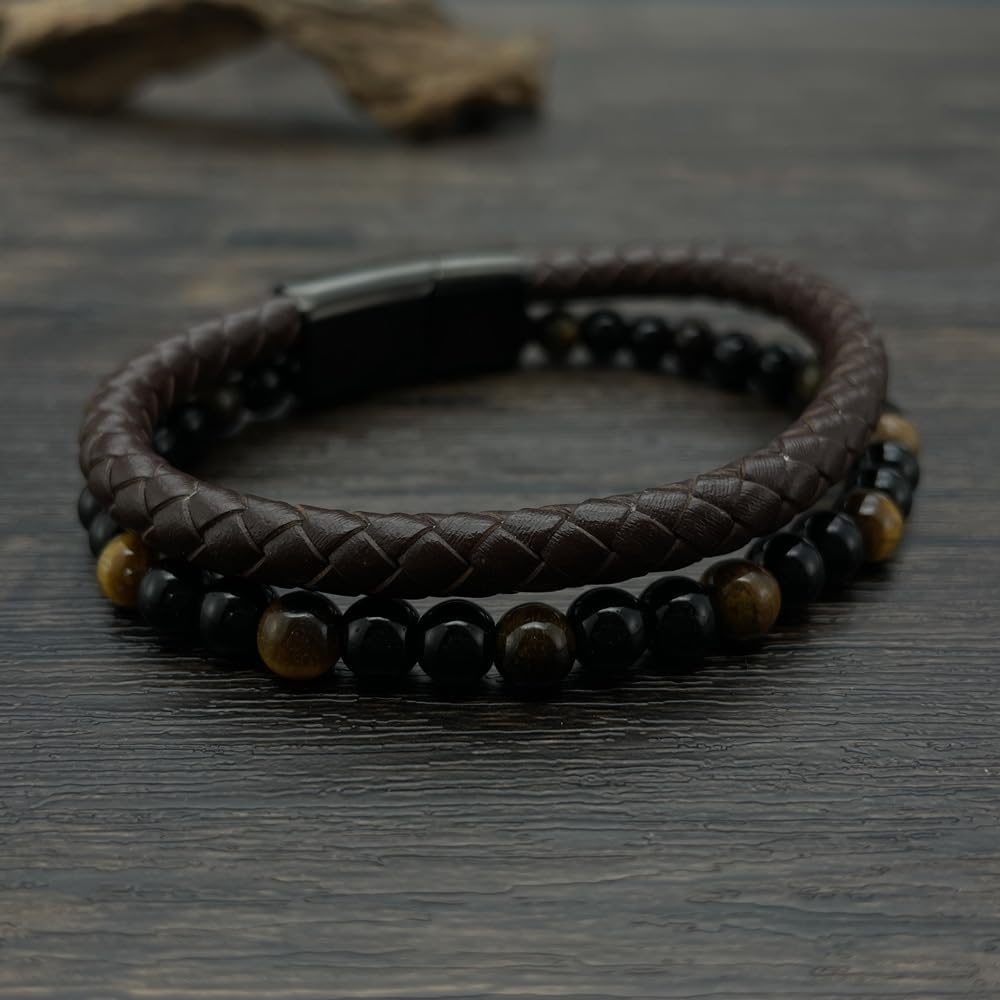 Mens Bracelet Beaded and/or Leather Braided and/or Stainless Steel Charm Bracelet Gift for Men - Image 4