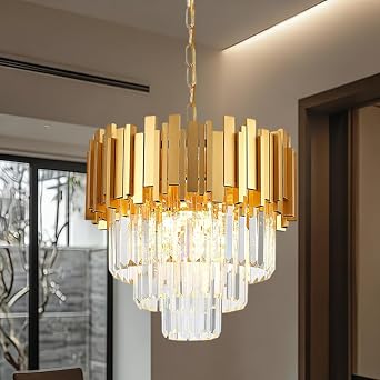 Gold Crystal Chandelier 40cm 5-Light E14 Dimmable Pendant Light for Dining Room Kitchen Island Foyer Entryway [Energy Class G]