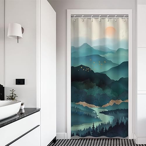 RosieLily Cortina de ducha pequeña de 36 x 72 pulgadas, cortina de ducha con diseño de bosque y montaña, cortinas de ducha para baño, ganchos de