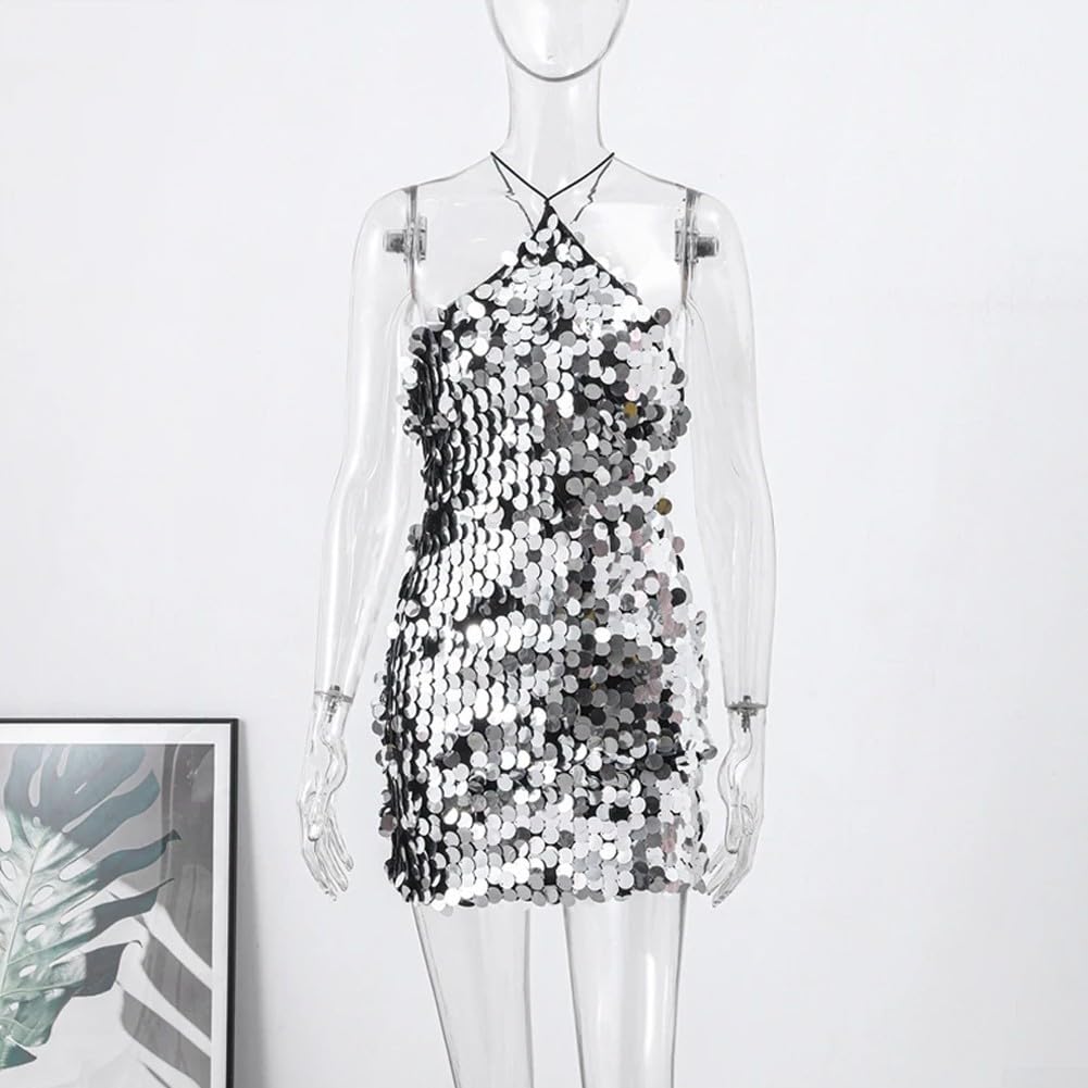 SPORTARC Elegante mini abito da donna con paillettes, con scollo all'americana, ideale per discoteche ed eventi sociali