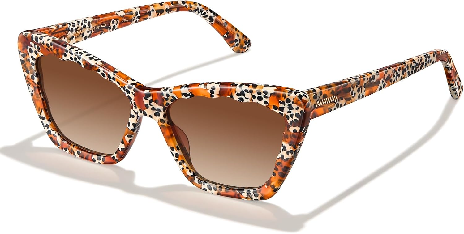 AVAWAY Polarized Sunglasses for Women Cat Eye UV Protection, Clear Trendy Square Acetate Sun Shades Ladies Sunnies