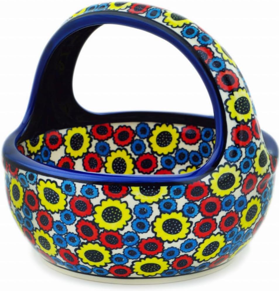 Polmedia Polish Pottery Basket with Handle - Flower Freedom Pattern Handmade in Boleslawiec Poland + Certificate of Authenticity