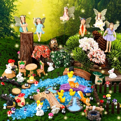 HIYZI 100 Pcs Fairy Garden Accessories Miniatures Figures Kit Micro Landscape Terrarium Ornaments Resin Mushroom Animal Fake Pond Lawn Bridge Garden Dollhouse Decoration