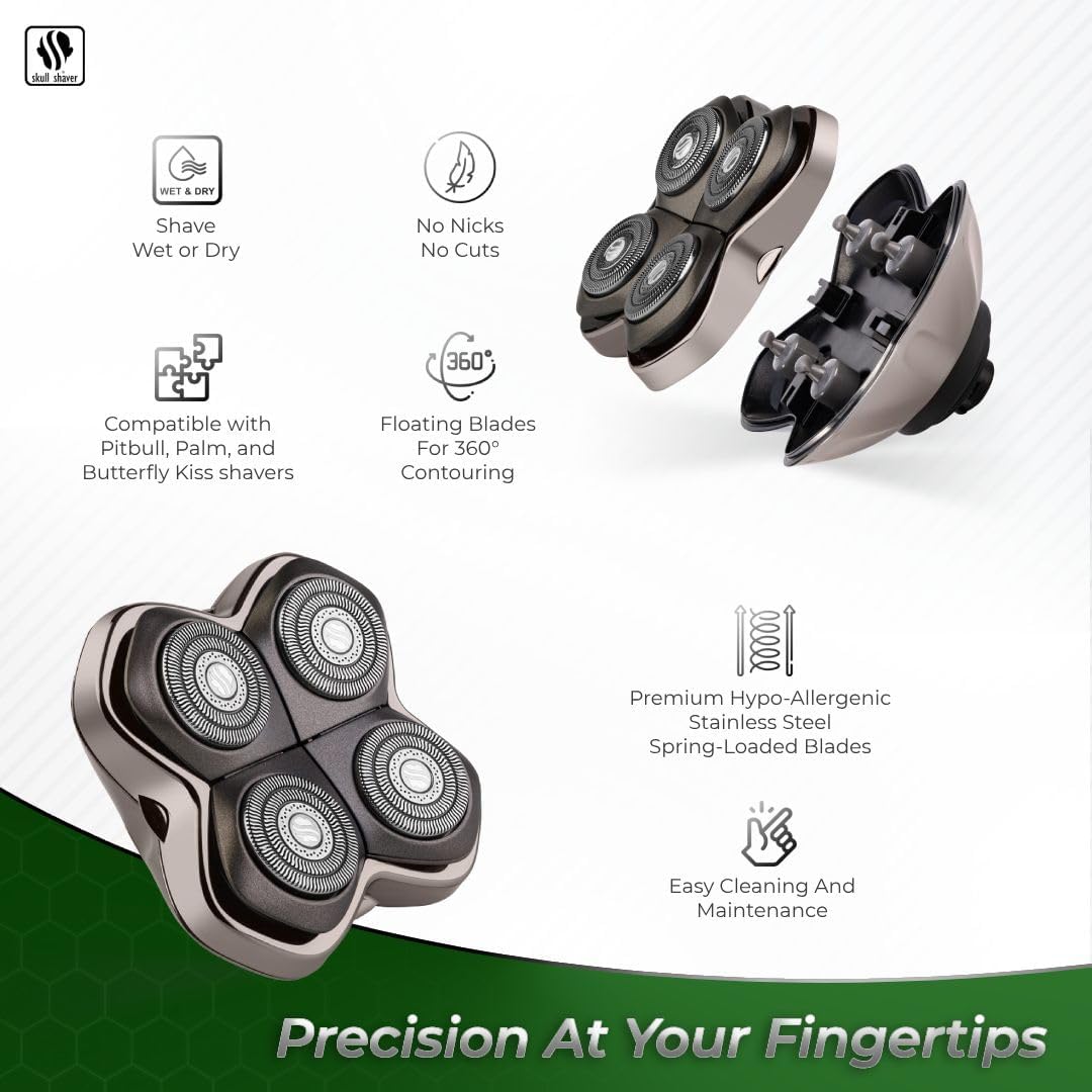 Skull Shaver Baron PRO 4 Head Replacement Blade - Shaver Blade for Wet & Dry Shaving - Rotary Heads Design - Japanese Stainless Steel - Compatible with Pitbull, Palm & Butterfly Kiss Shavers