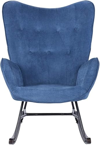 Miniatura 4 de Anwickmak Moderna mecedora de terciopelo capitoné sillón tapizado con respaldo alto cómodas sillas mecedoras con respaldo alado con reposabrazos y