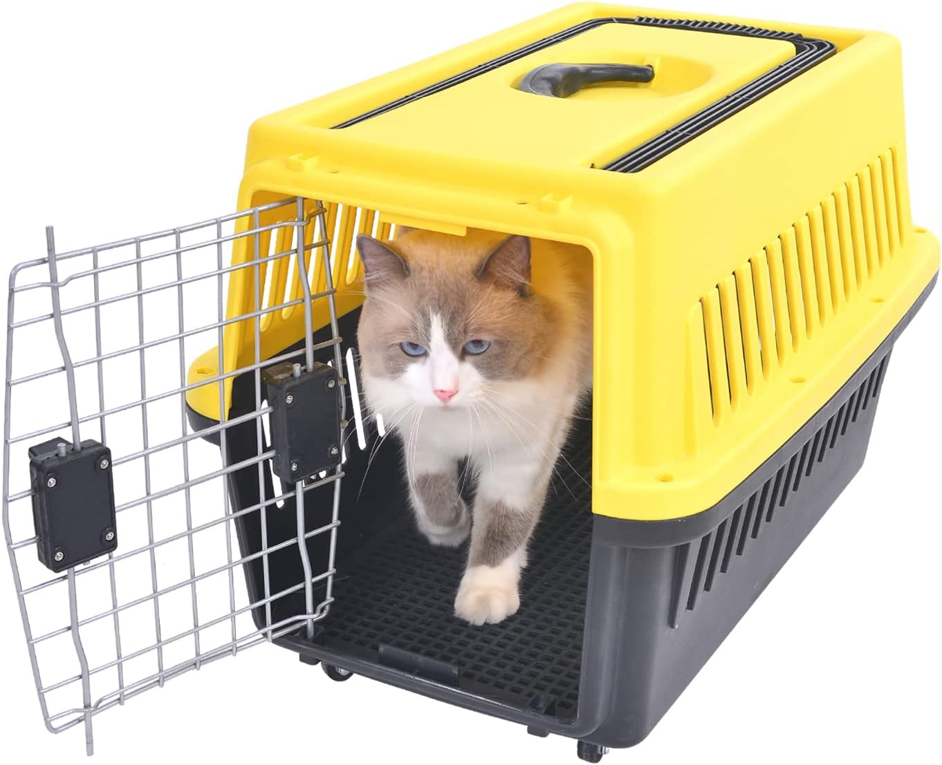 Petjouet 21春大特価セール 犬キャリー 猫キャリー ペットキャリー ペット用キャリー コンテナ 犬用キャリーケース 犬のキャリーケージ 猫用キャリーケース 猫のキャリーケージ ペットのキャリーケース 押しボタン式ドア ハンドル付き 猫 小 中型犬用 Yellow L 避難