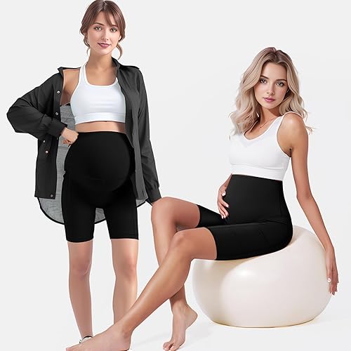 Miniatura 4 de Buauty Pantalones cortos de maternidad para mujer con bolsillos sobre el vientre, yoga, correr, atletismo, embarazo, pantalones cortos de descanso,