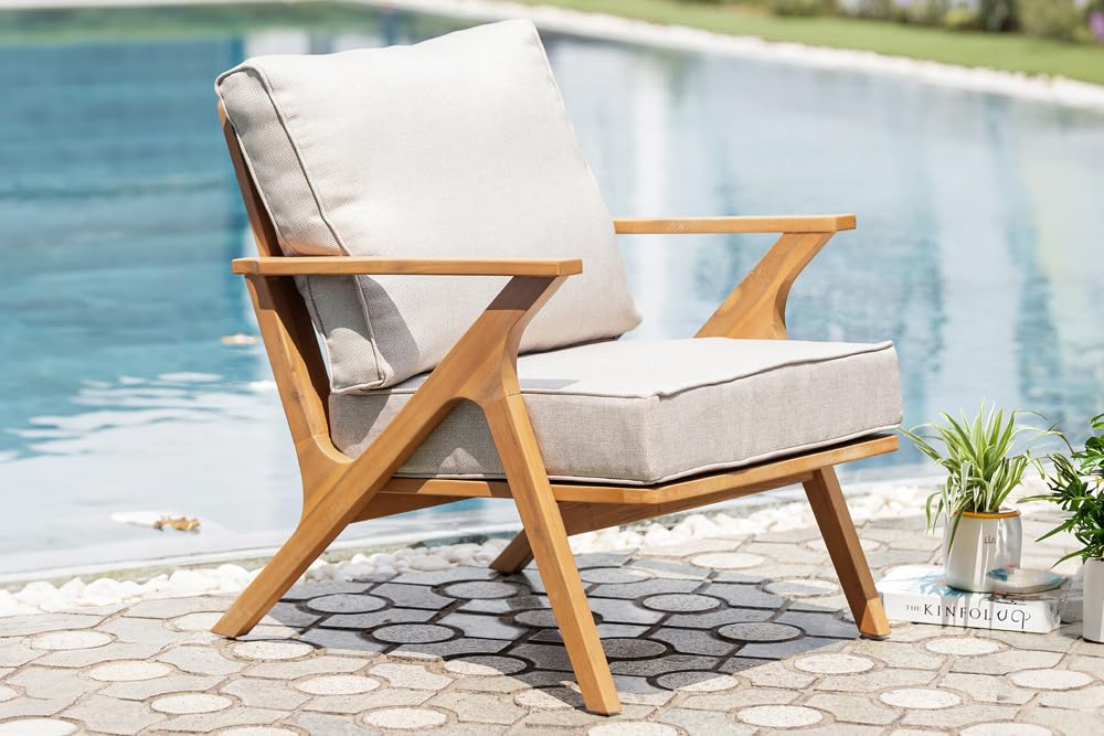Riess Ambiente Wetterfester Gartenstuhl Comfort LINE - Natur beige - Akazie Massivholz - Loungesessel Gartensessel inkl. Kissen
