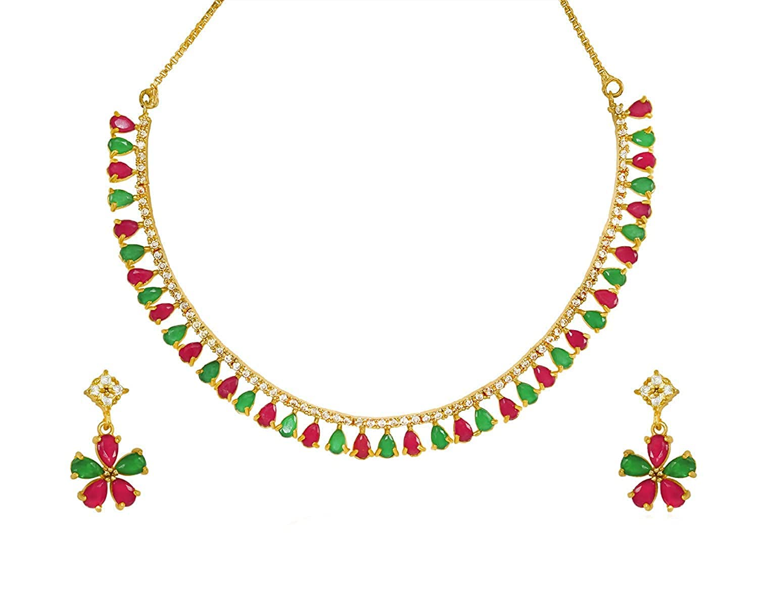 Jewar Mandi Necklace Set American Diamond Elegant Gold Plated Sparkling Cubic Zirconia Crystals Choker with Earrings Jewelry for Women & Girls (Red-Green) (B0B5MZDP3J) Amazon Price History, Amazon Price Tracker