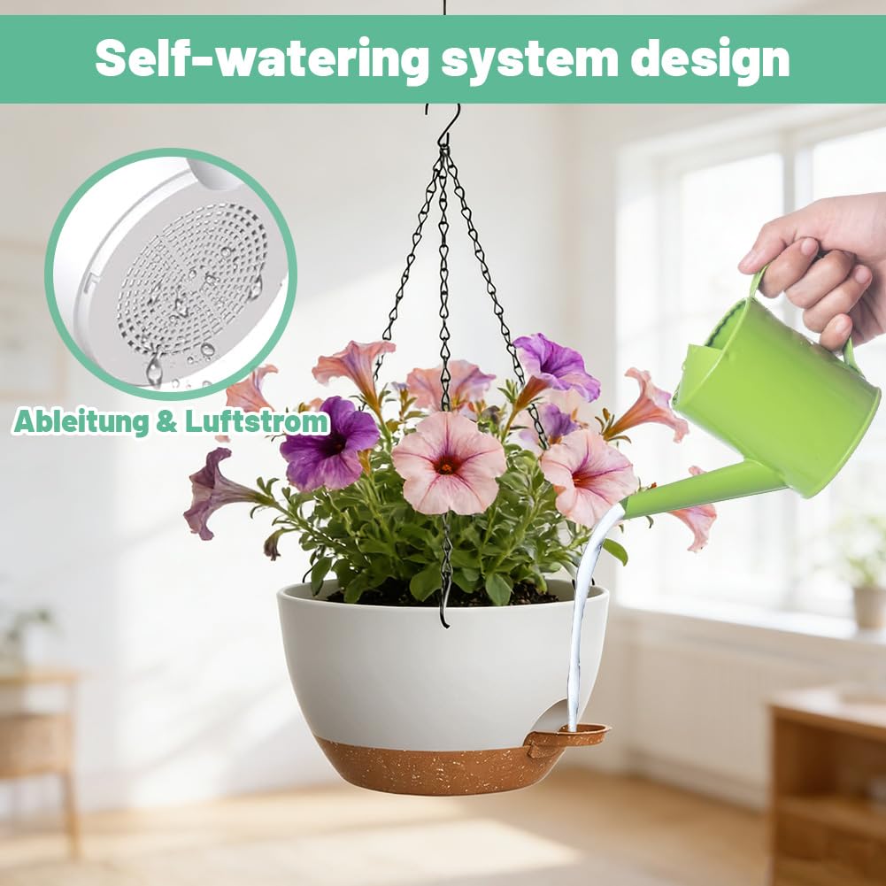 Lot de 3 Pots Suspendus pour Plantes d'Intérieur, 25 cm Jardinières Suspendues avec Soucoupe et Trous de Drainage, Pots de Fleurs Suspendus pour Balcon, Salon, Jardin, Intérieur et Extérieur, Blanc